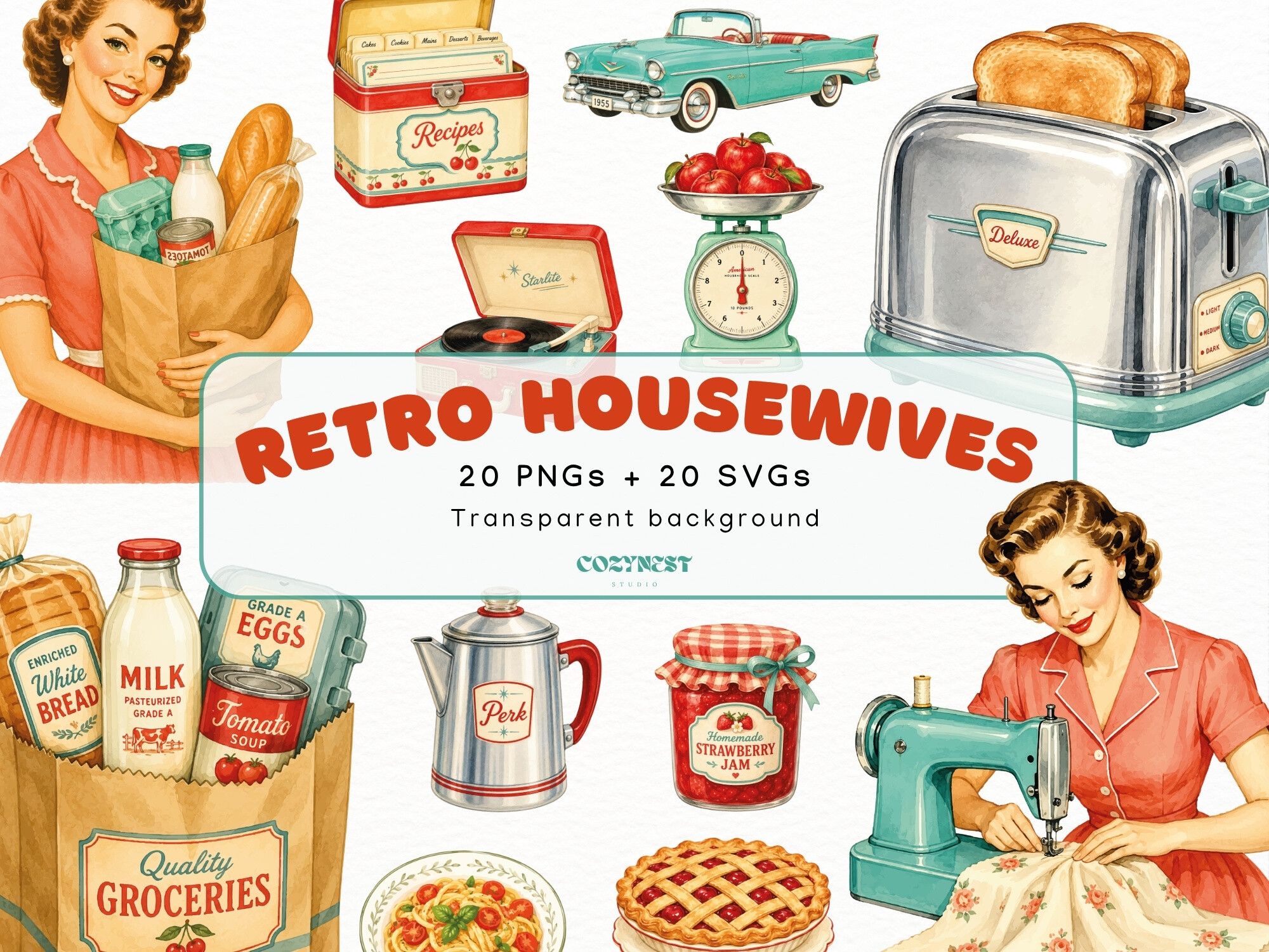 Retro Housewives Cliparts, 1950s PNG