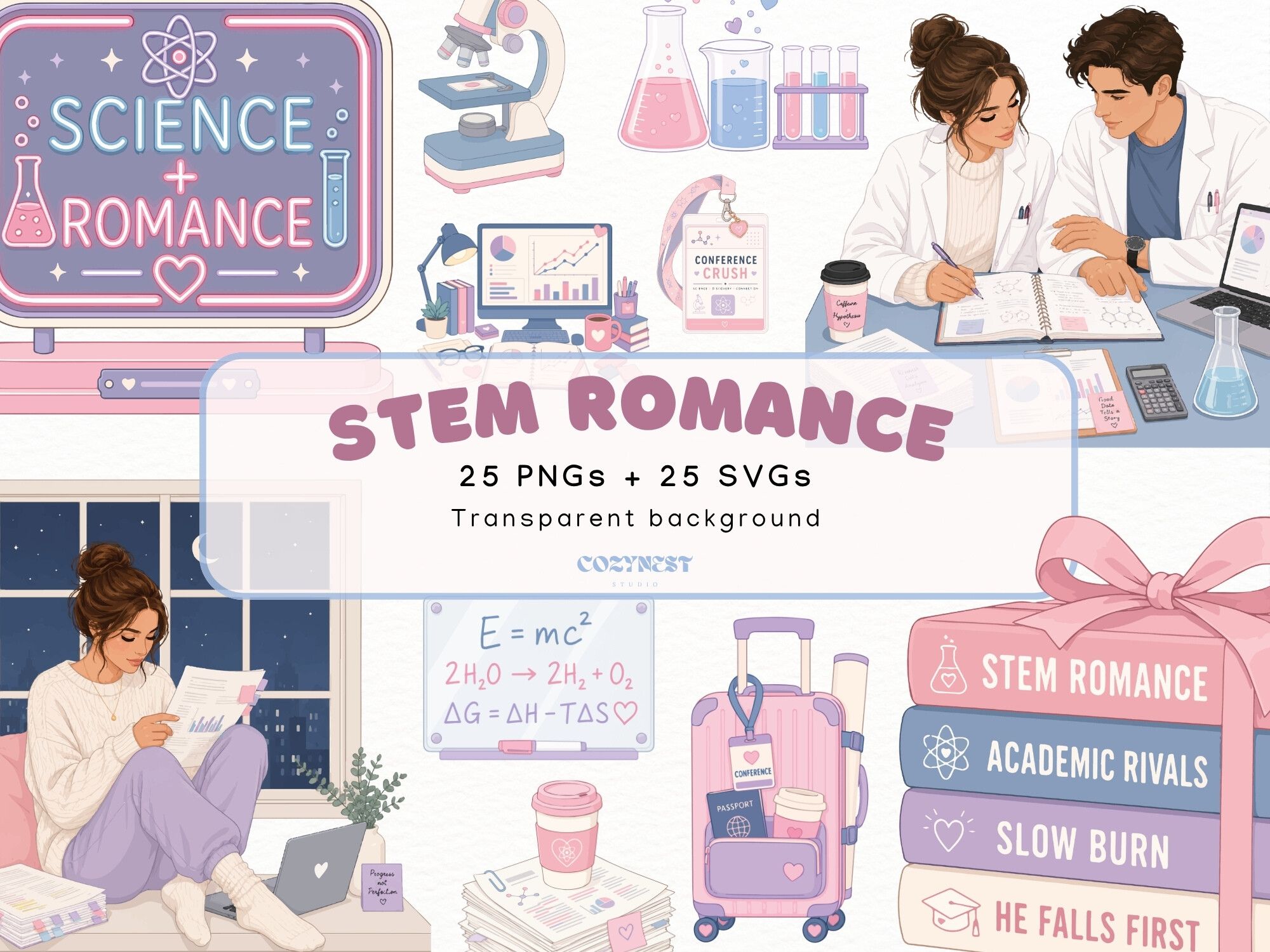 STEM Romance Cliparts, Book Lovers PNG
